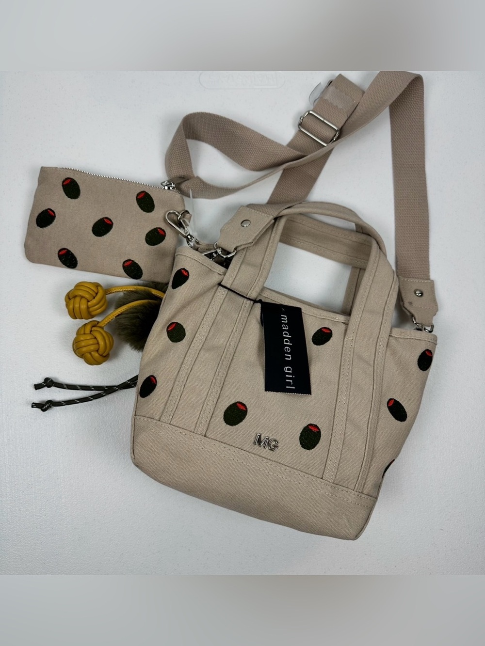 NEW! Madden Girl‎ • Beige Mini Tote w/ Olives 🫒 • Crossbody Purse • Bag Charms